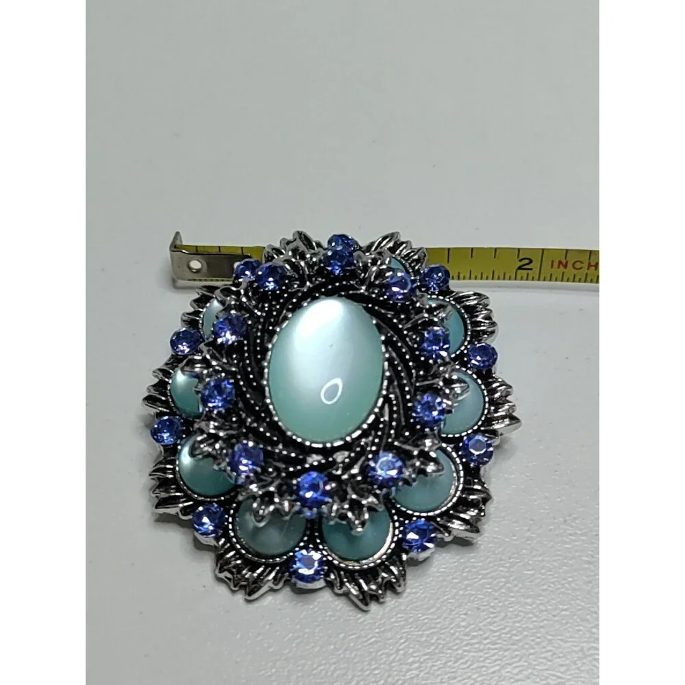Oval 2 Tone Blue Rhinestone Brooch Fashion Brooch 2" X 1.75" 2 Layer - Picture 5 of 5